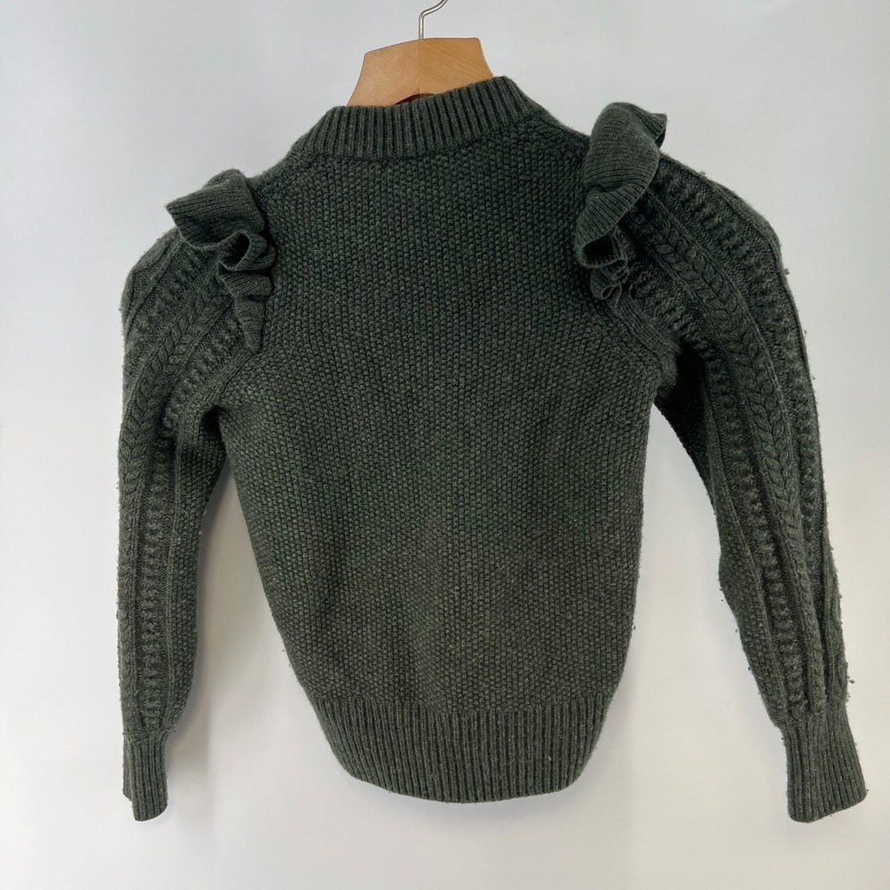 Madewell Hollydene Sweater XS Green Merino Wool Cable Knit Ruffle Puff Sleeve - Picture 2 of 8